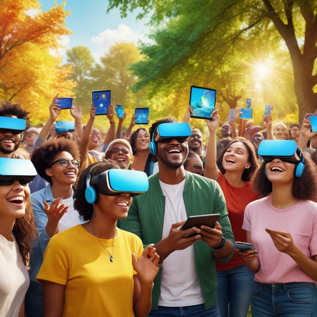 A vibrant community gathering in a park, people of diverse backgrounds joyfully interacting with technology, such as tablets and VR headsets. Colorful digital screens displaying messages of happiness and connection, surrounded by nature and smiling faces. The atmosphere is bright and uplifting, showcasing collaboration and innovation. super-realistic. vibrant colors. warm sunlight.