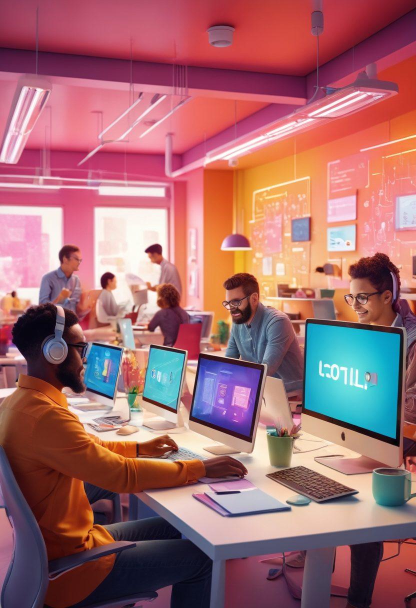 A vibrant and dynamic workspace filled with diverse individuals collaborating on digital devices, surrounded by colorful displays representing innovative technology. Include elements like joyful expressions, brainstorming session notes, and futuristic gadgets that symbolize digital solutions. The setting should exude energy and creativity, reflecting a cheerful and connected atmosphere. bright colors. modern illustration. 3D style.