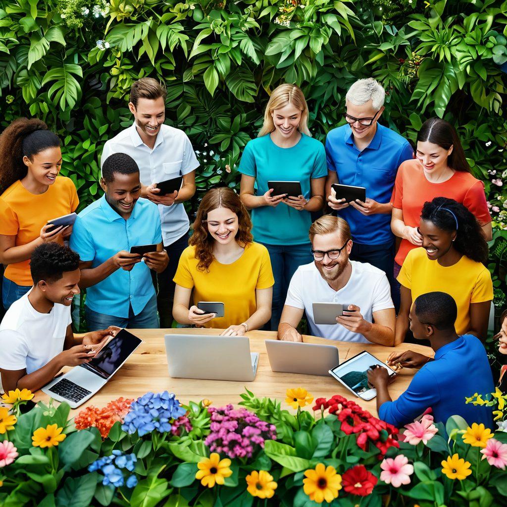 A vibrant community scene showcasing diverse people using technology to connect and collaborate, surrounded by lush greenery and colorful flowers. Include symbols of happiness like smiling faces, hands joined together, and digital devices like tablets and laptops glowing with positive information. Capture a sense of empowerment and togetherness, illustrating the harmony between technology and joyful living. vibrant colors. 3D art.